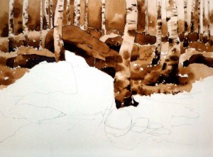 Birch Forest Watercolor Painting - Under painting study