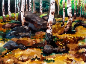 Birch Landscape watercolor painting - Underpainting exercise