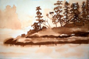 Landcape watercolor painting - Fog
