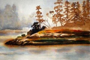 Watercolor landscape painting - fog -