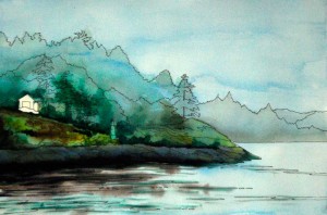 Ink outline watercolor landscape painting