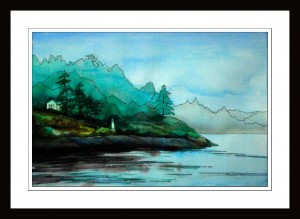 Landscape painting with ink outline - BC watercolor landscape