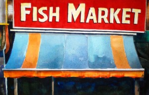Fish market watercolor painting