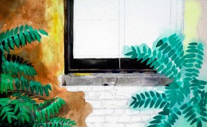 Old brick house and window watercolor painting